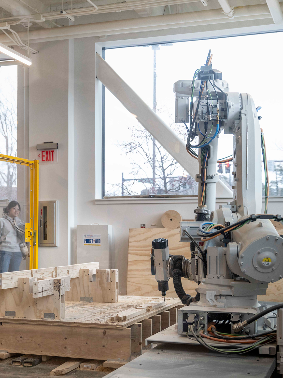 large robotic arm in a wood shop