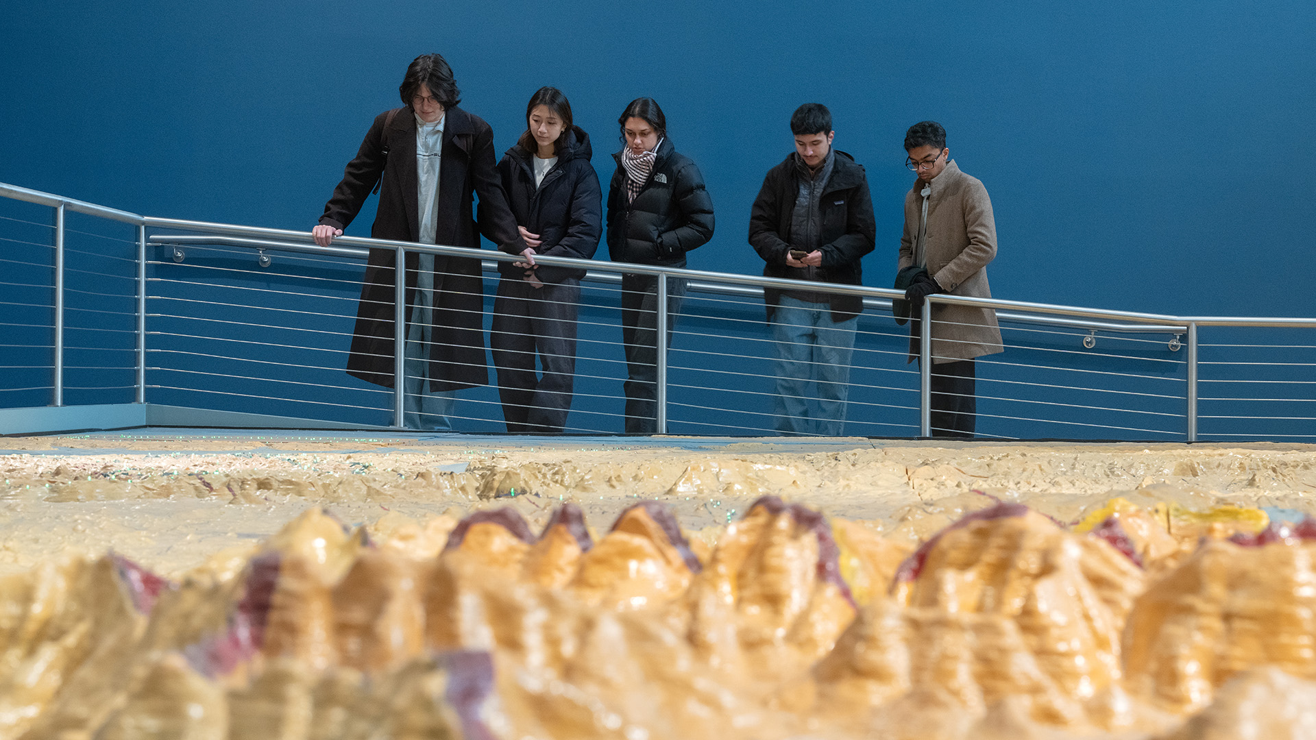 Five people look at a relief map from afar.