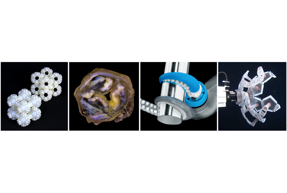 a series of four squares in a row depicting different shapes and colors