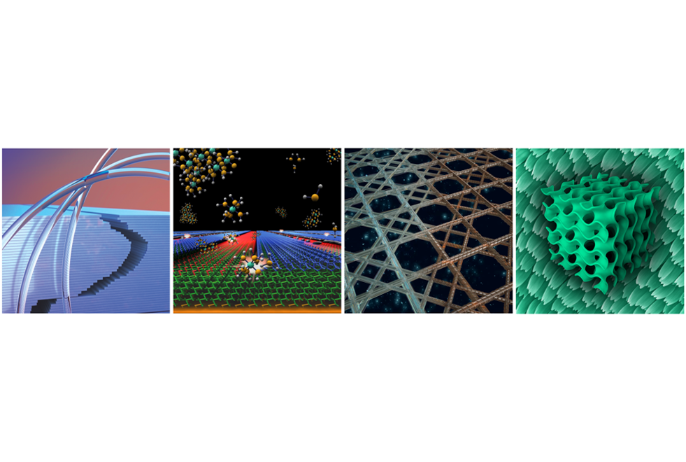 a series of four squares in a row depicting different shapes and colors