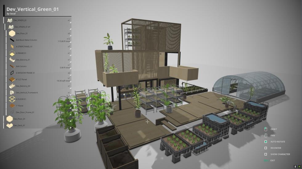 A 3D render of an environment with multiple plants, wooden platforms, and a greenhouse.
