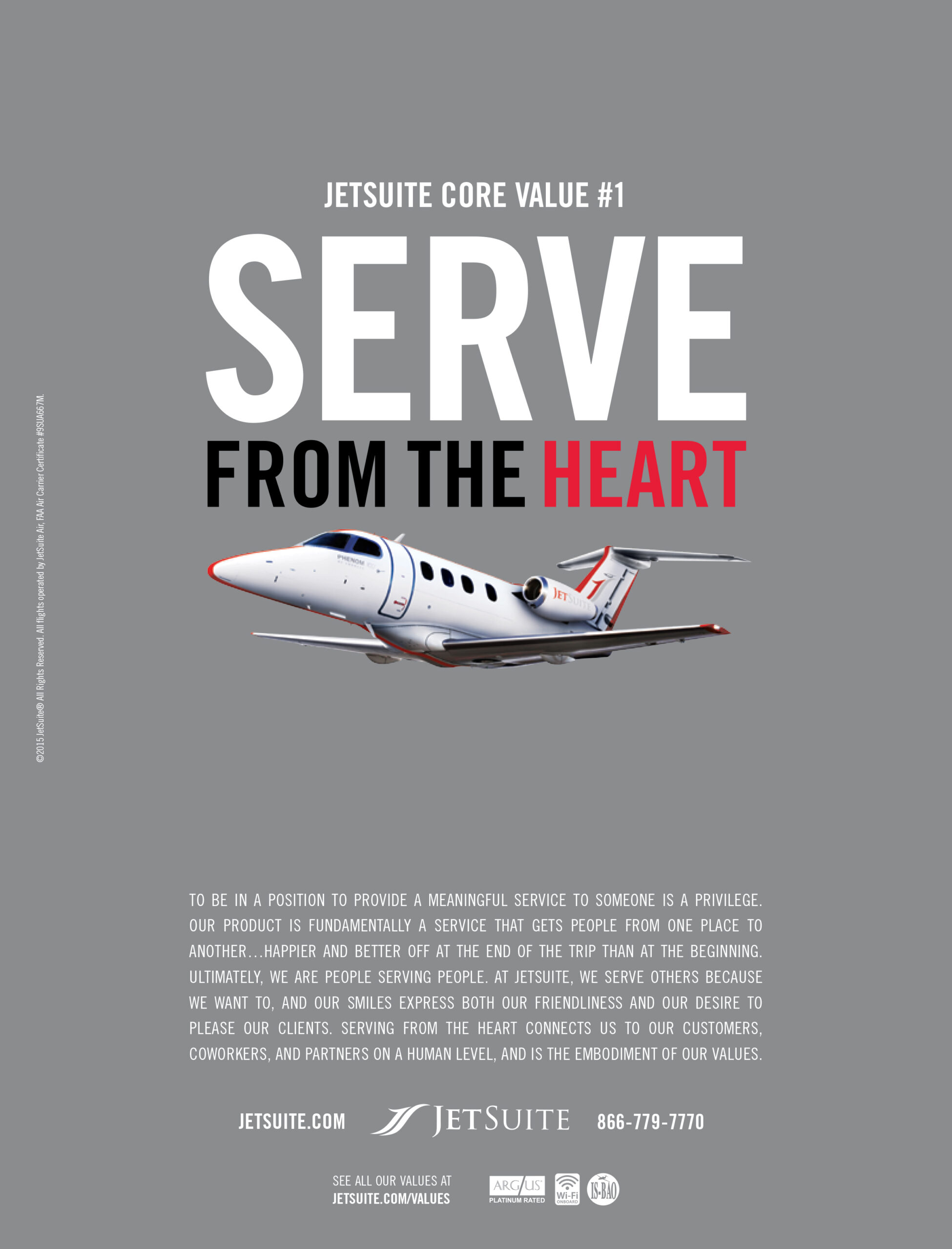 Advertisement for JetSuite airline: JetSuite Core Value #1 'Serve from the Heart' in large letters and an image of a plane on a gray background