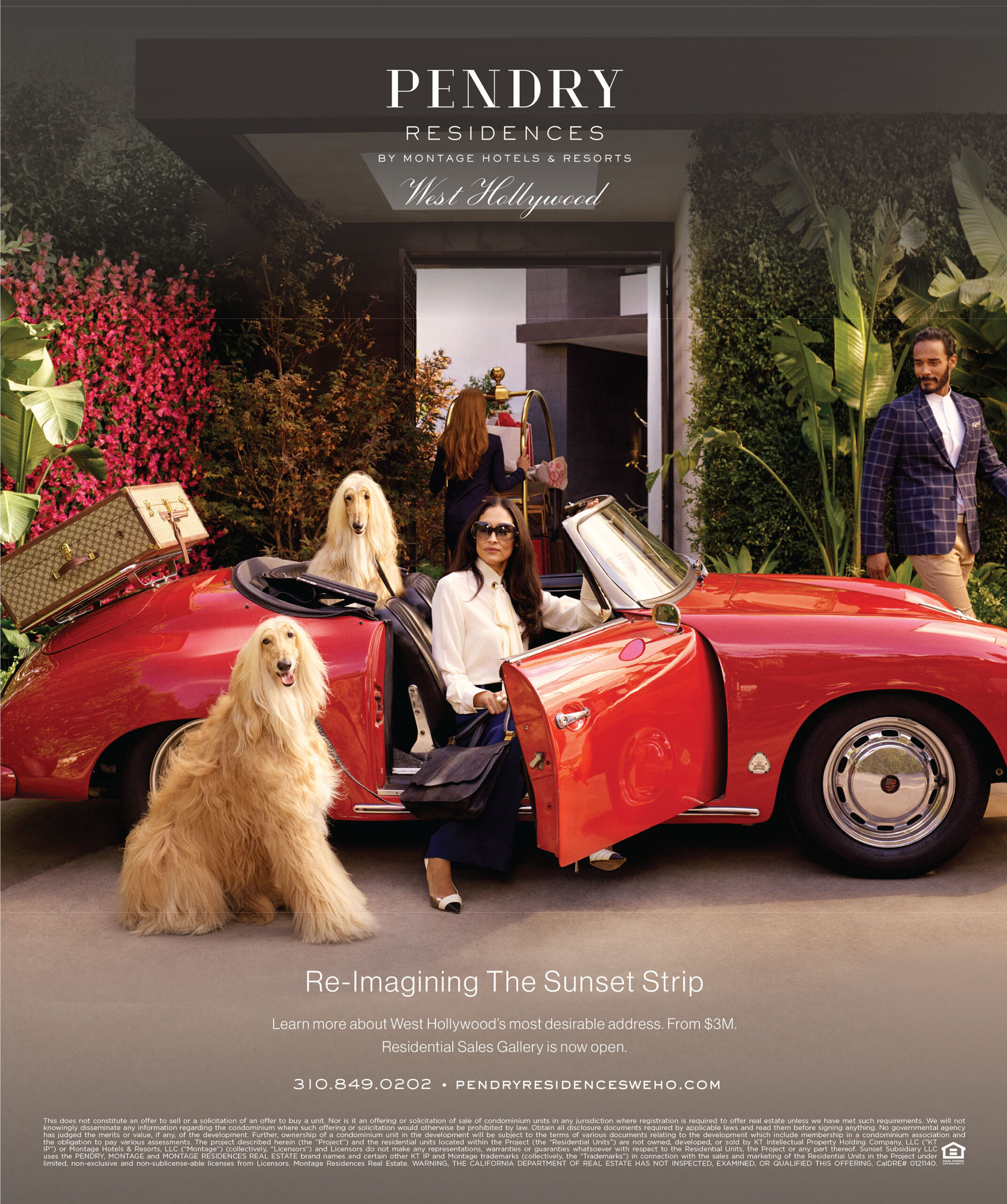Advertisement for Pendry luxury residences, featuring a woman exiting a red convertible car with luggage and two long-haired dogs.