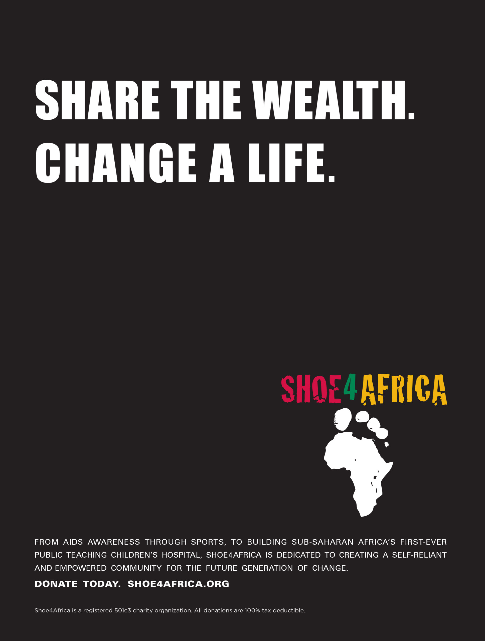 An ad for the nonprofit Shoe4Africa features the words 