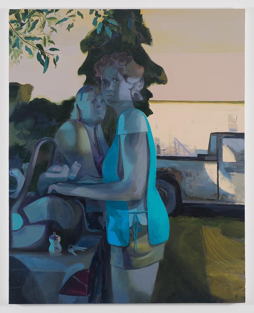 A painting of a woman with a baby carrier.