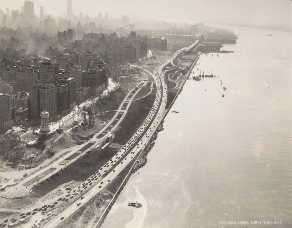 Aerial view of urban highway along a waterfront