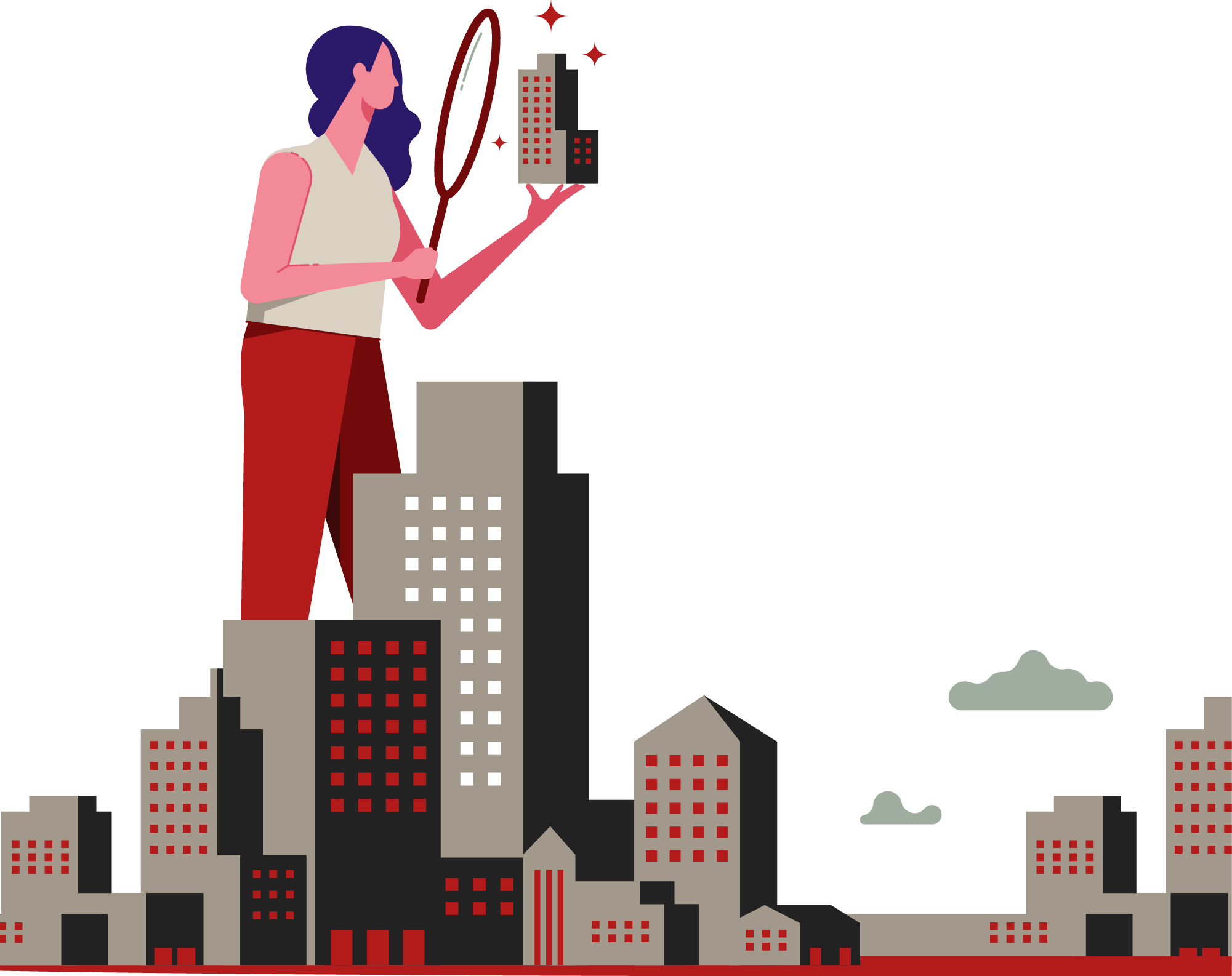a colorful graphic of a woman holding a large magnifying glass observing a building picked out of a city skyline