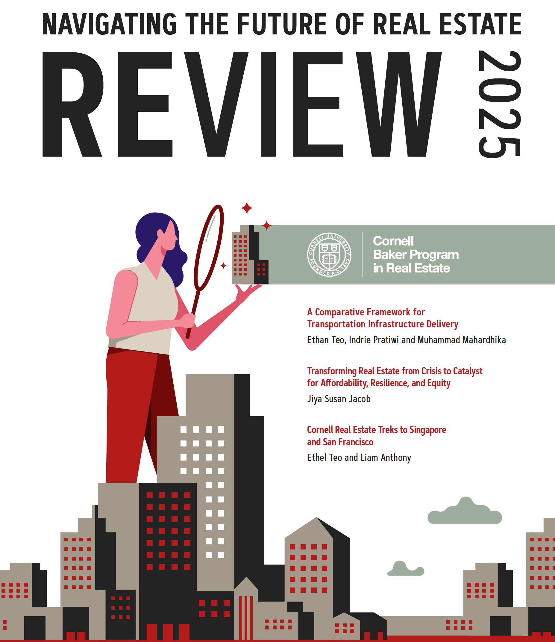 a colorful graphic of a woman holding a large magnifying glass observing a building picked out of a city skyline