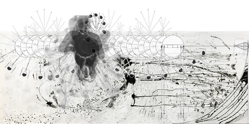 A person is photographed from above, and they are standing looking downward. There is a sequence of circles and lines on the ground.