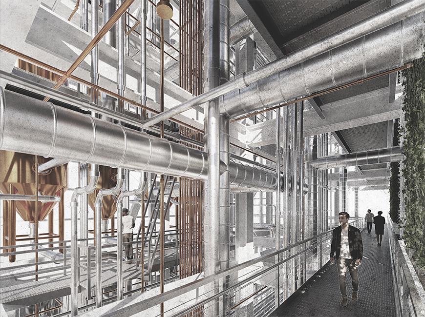 Interior of a brewery with exposed duct work.