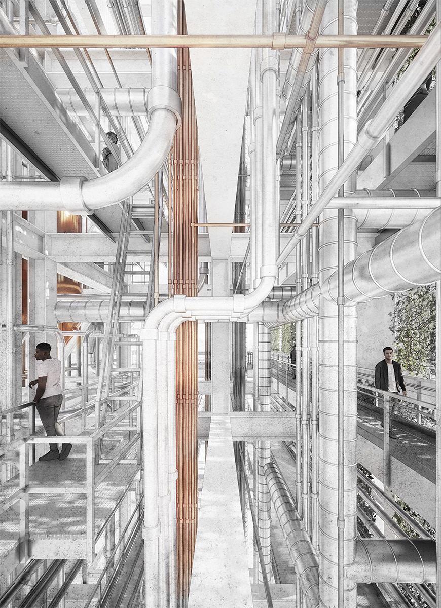 Rendering of a brewery with exposed duct work and pipes.