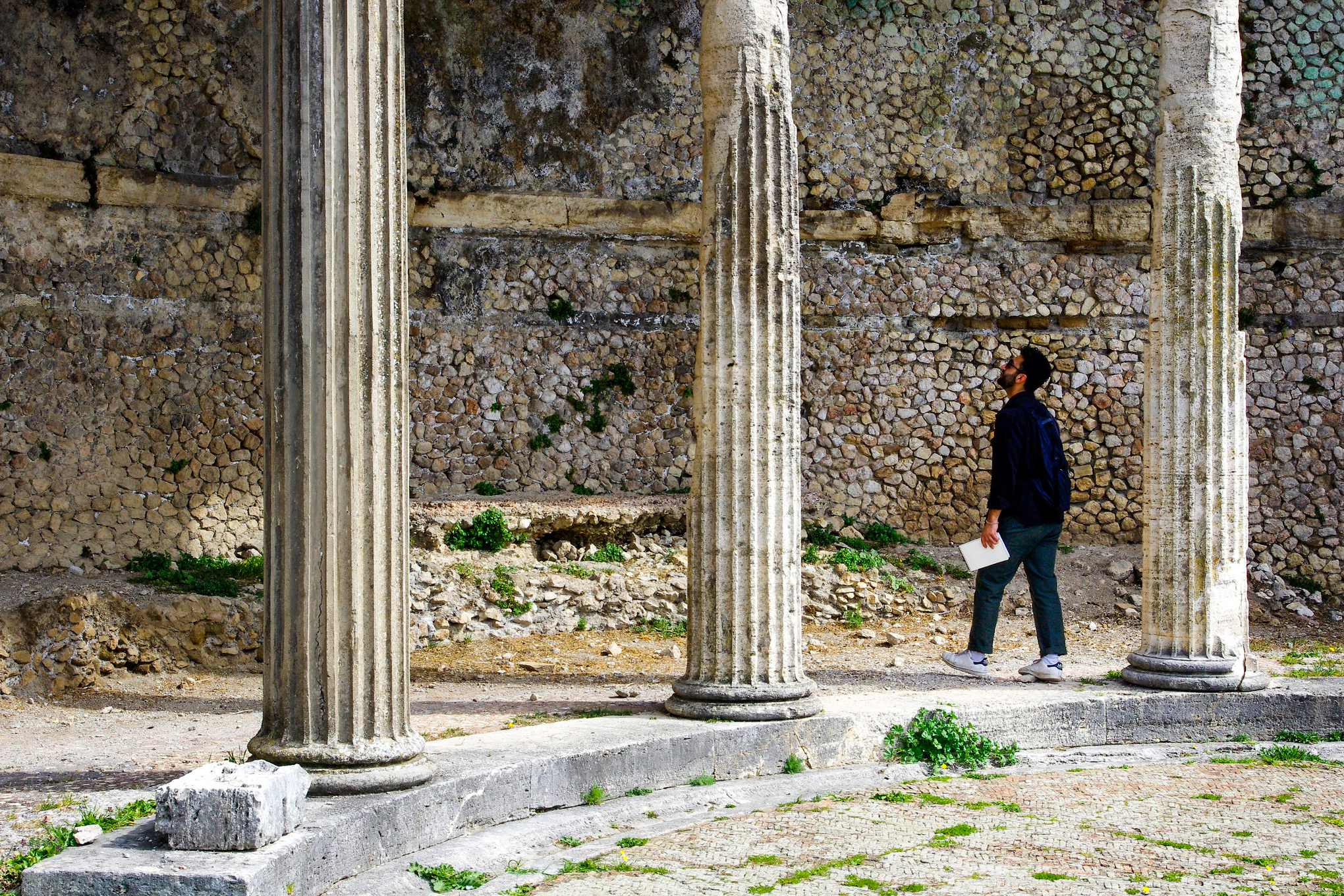 A person stands among columns and stares at a stone wall.