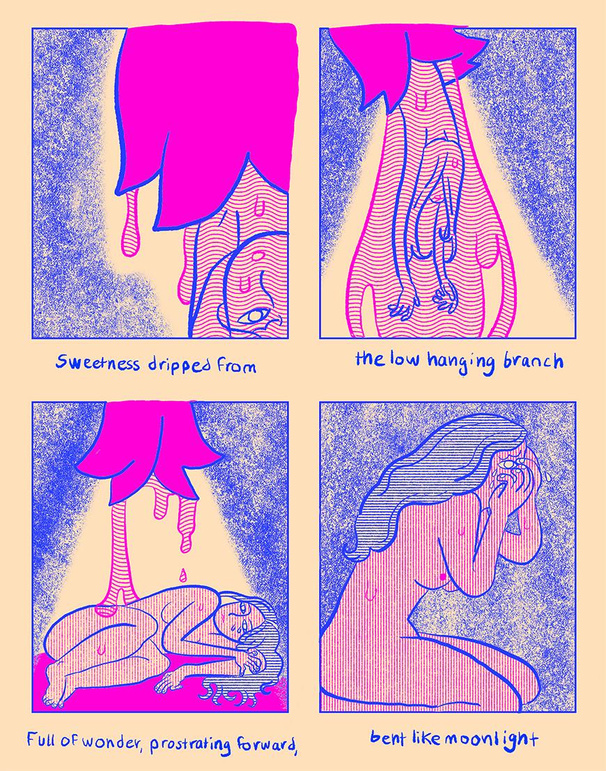 Four digital drawings of a person dripping from a flower.