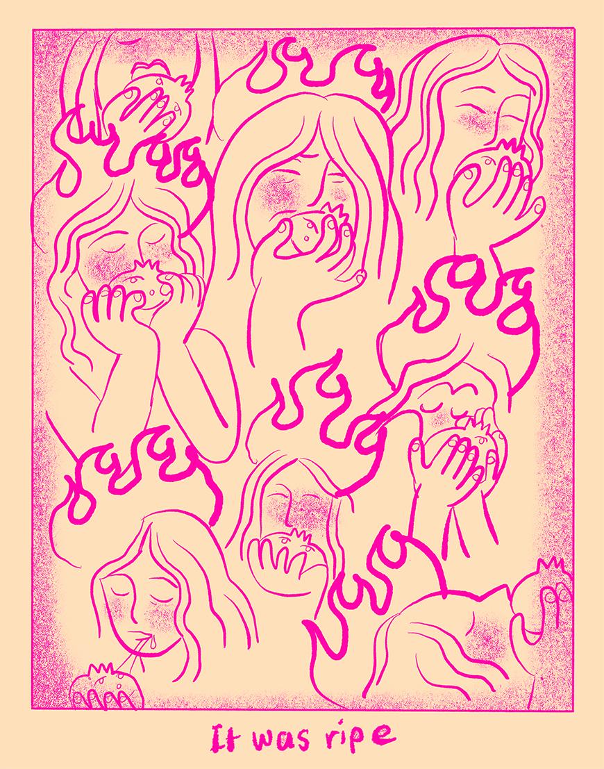 Repeated drawings of a person with flames above their head while eating fruit.