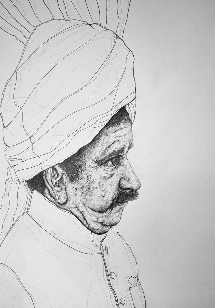 Drawing of a person with a head wrap facing away.