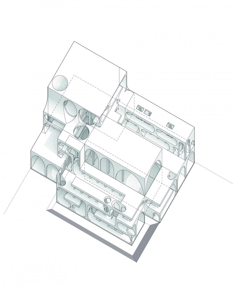 An axonometric drawing of a building with curved windows on every floor.