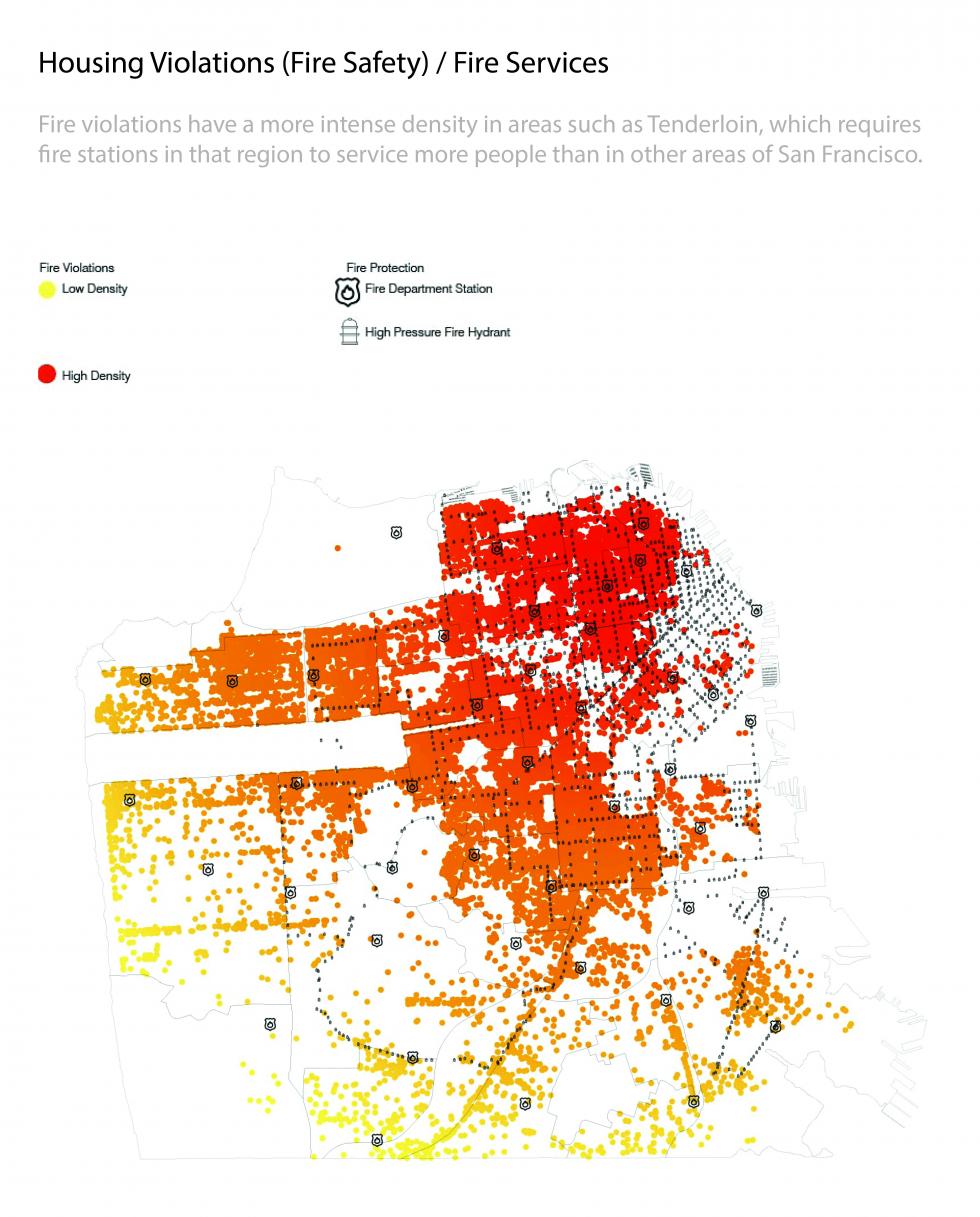 An infographic featuring a map that has heat map colorings denoting various fire violations.