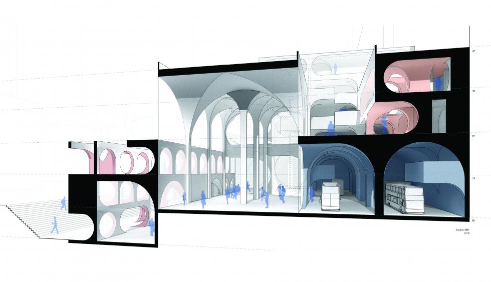 Artistic rendering of a building that has many arches and curved windows.