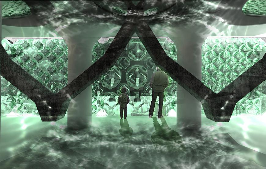 Rendering of an ethereal room tinted in green with two people observing heavily patterned walls.