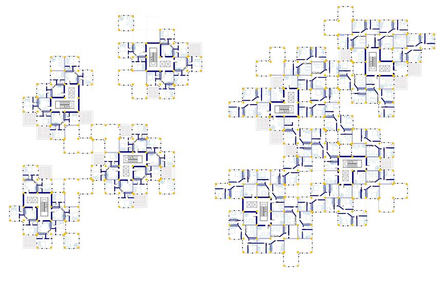 A rendering of a grid-like floor plan with many square rooms.