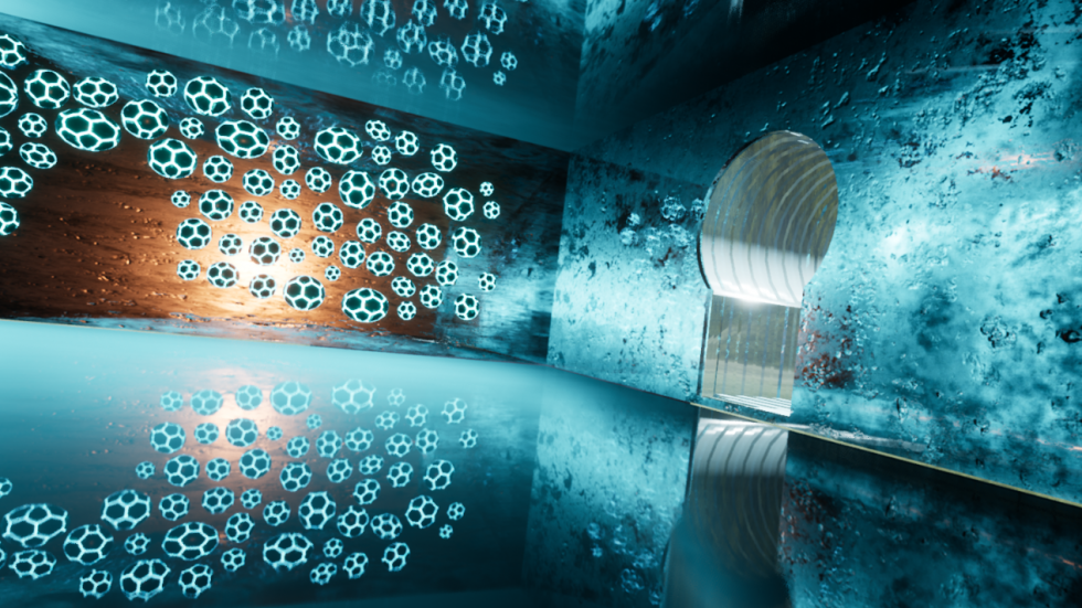 Rendering of a room with blue walls and a keyhole shaped door.