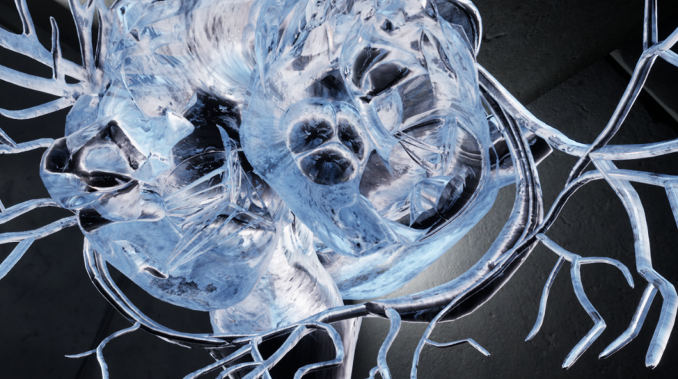 Rendering of a multi-tentacle object that is semi-translucent and iridescent.