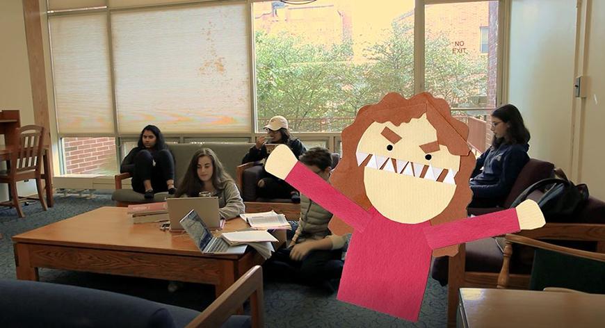 A group of people sit in a common space in a dorm room with a superimposed figure of an angry person.