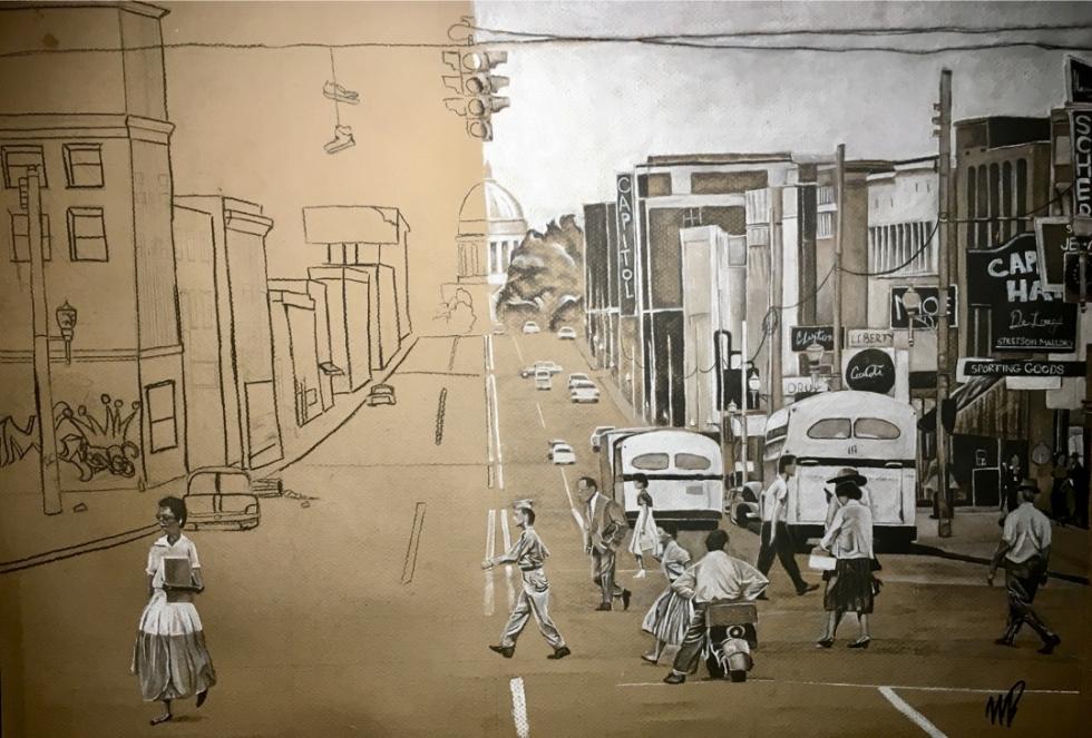 Gray, white, and black rendering of a city street with buses, people, and shops.
