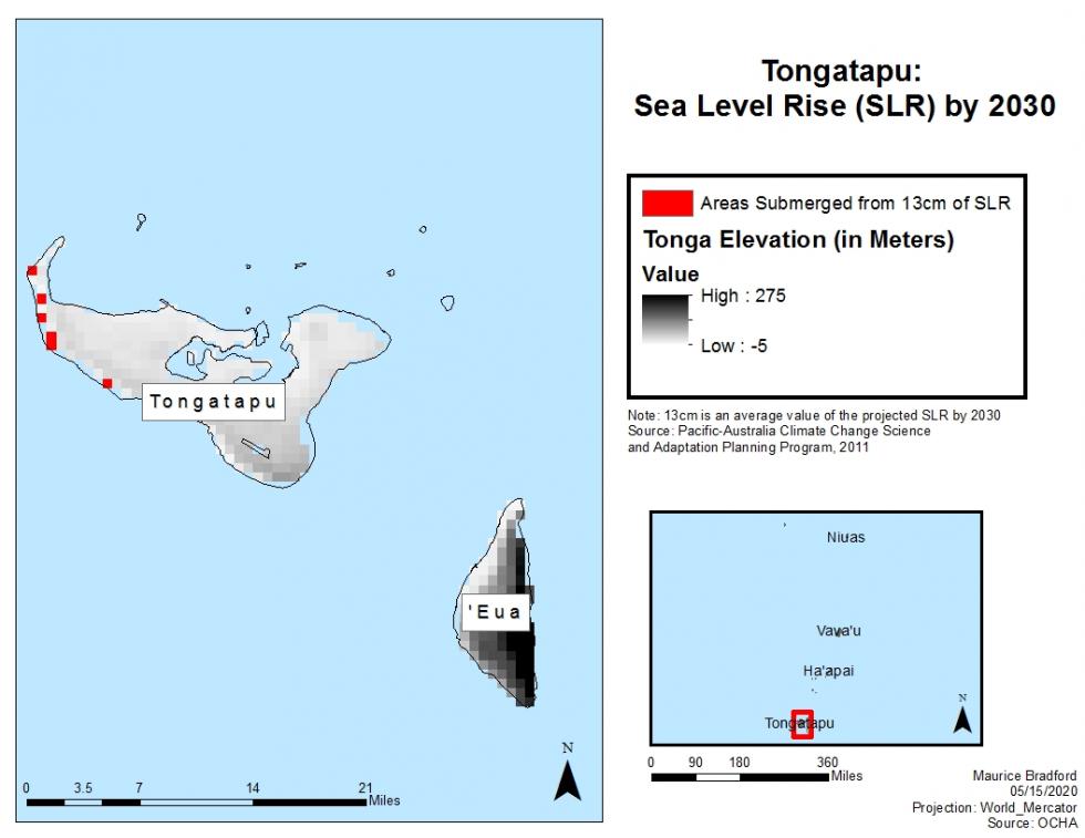 Map of Tongatapu illustrating sea level rise by 2030.