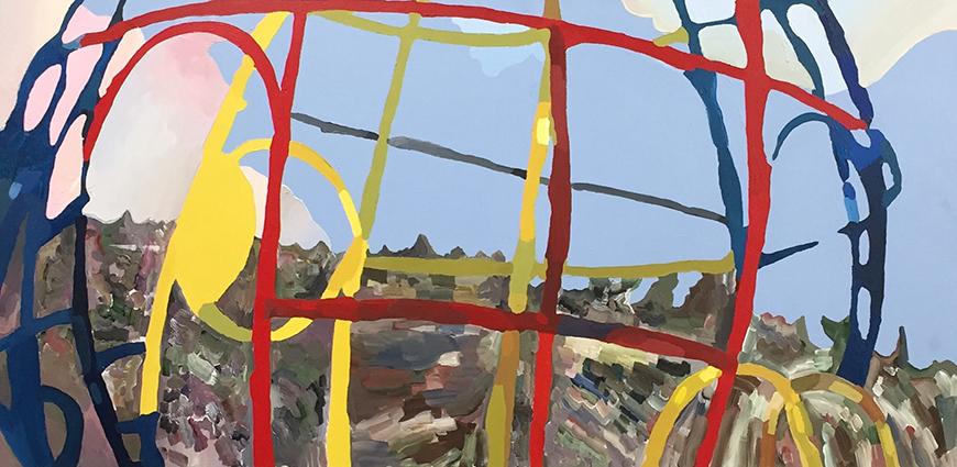 Abstract painting of a colorful globe with a landscape in the background.