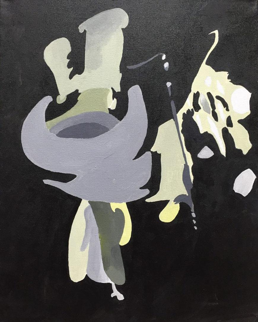 Abstract painting with black, grey, and yellow shapes.