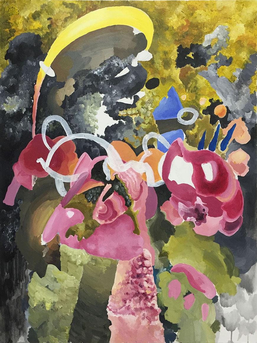 Abstract painting with pink, yellow, blue, green, and black swatches.