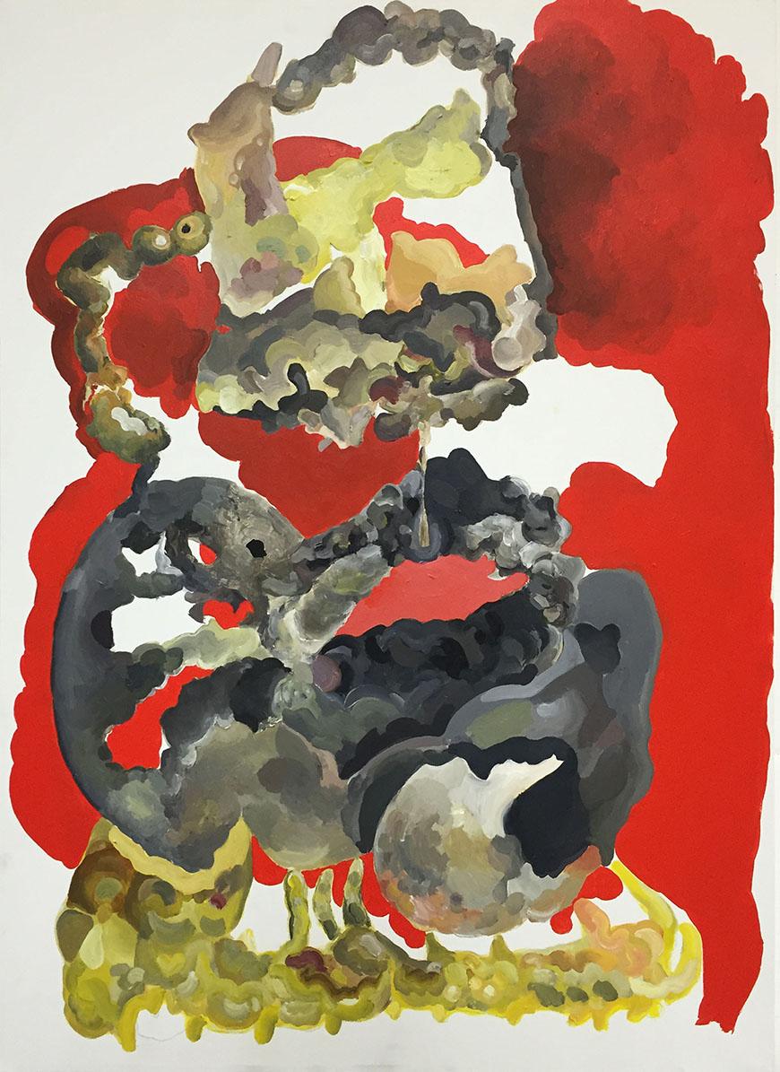 Abstract painting with a red background and a gray and green foreground.