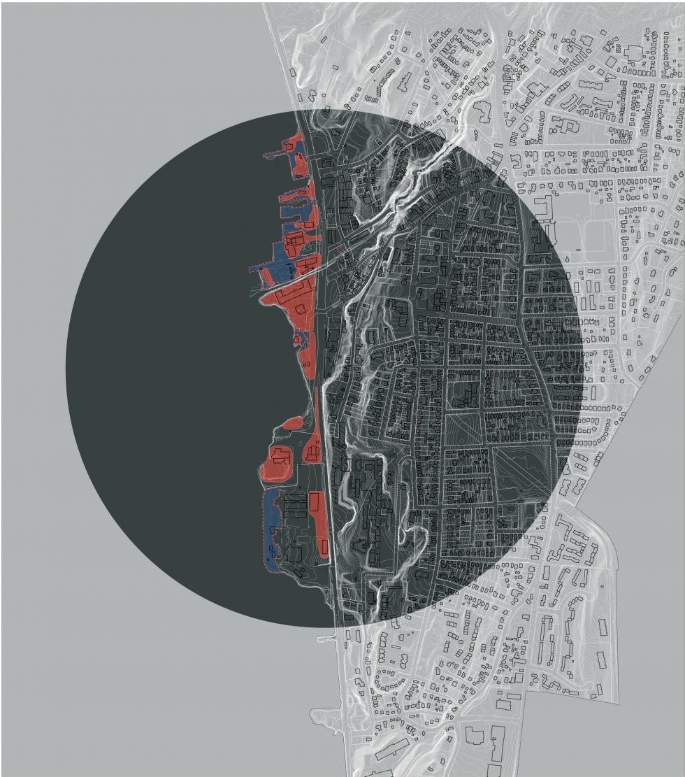 Artistic rendering of map with black circle centered on the map.