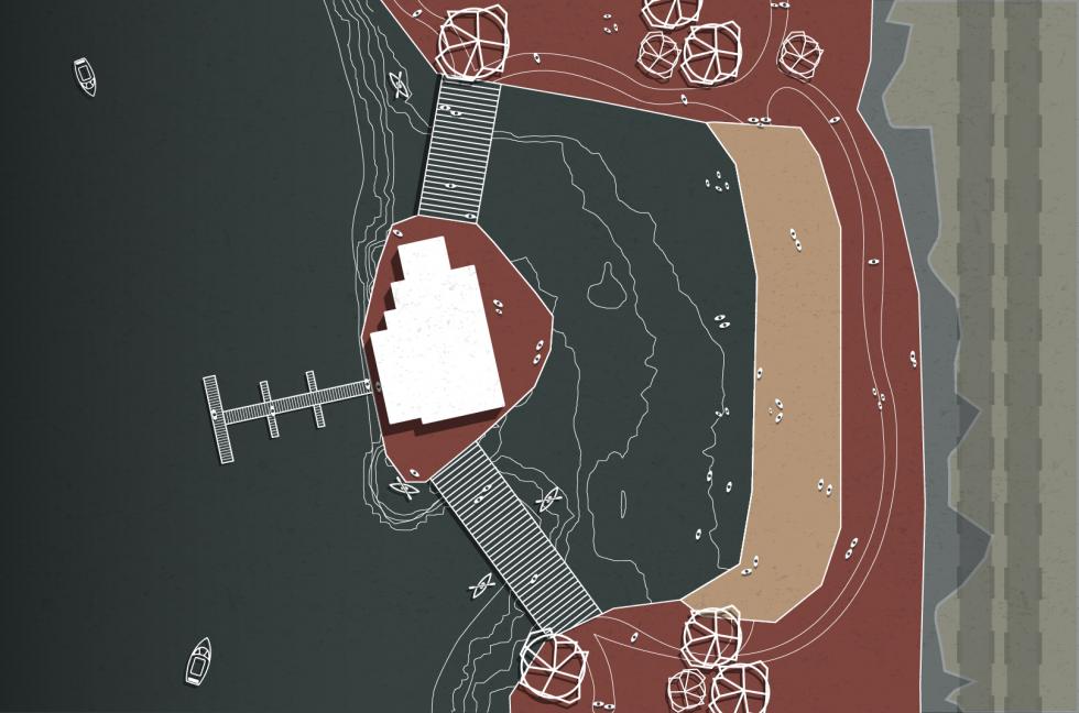 Decorative map rendering of a waterfront with red, tan, white, and gray colors.