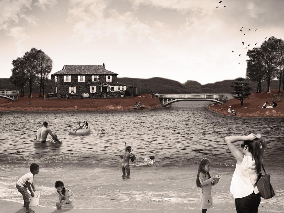 Photo collage rendering of a waterfront community with people on the beach and a house with a bridge in the background.
