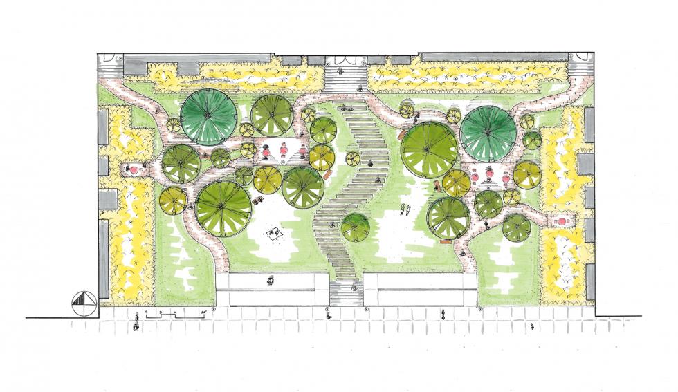 Artistic rendering of a courtyard with trees and curved pathways.