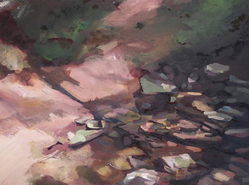 Abstract painting of a landscape with green and red clay colors.