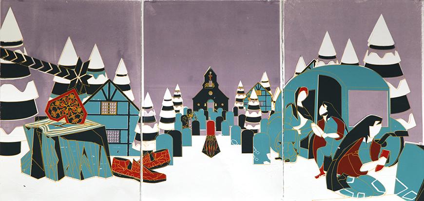 A snowy outdoor scene with buildings and trees, and people exploring the area.