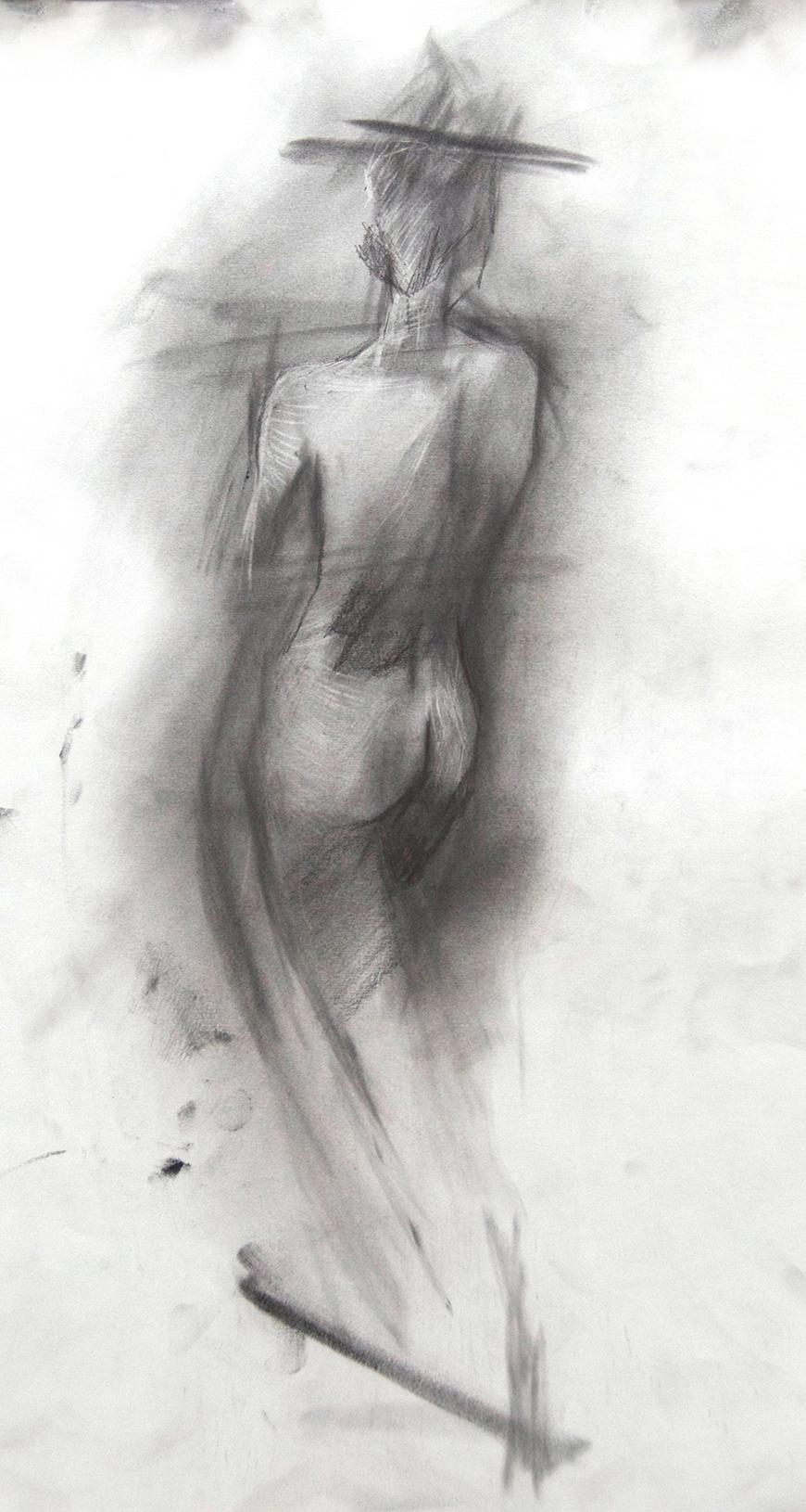 Figure drawing of the back of a person with a hat.