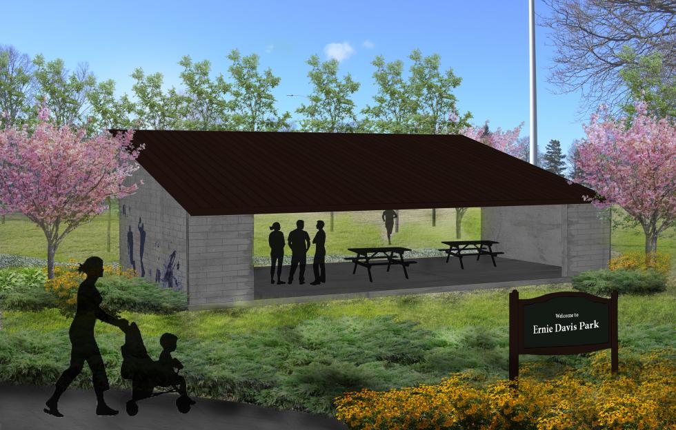A rendering of a lean-to structure that has picnic tables underneath it. Silhouettes of people are positioned in and around the lean-to.
