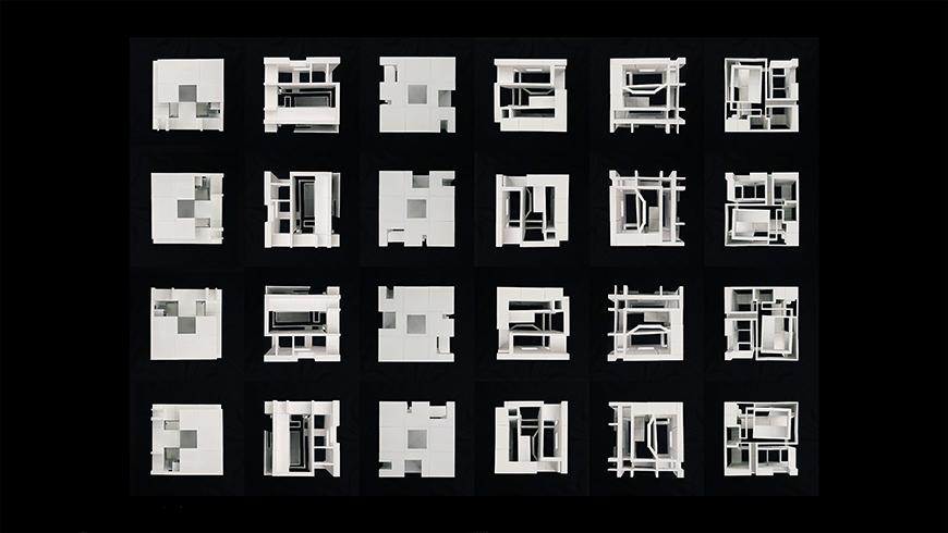 A grid of twenty four architectural models that are all deriving from the same model, just in different positions and perspectives.