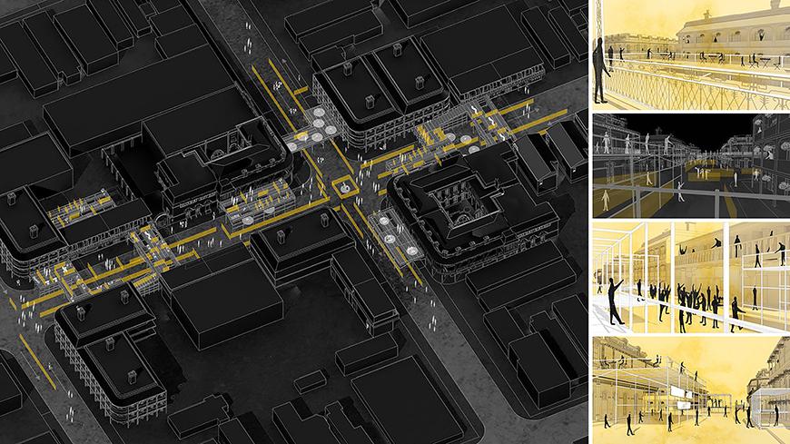 A rendering of a city intersection with yellow lines to highlight various aspects. There are other renderings on the side that showcase these aspects close up.