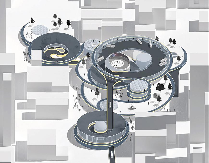 An artistic architectural drawing of a circular set of buildings.