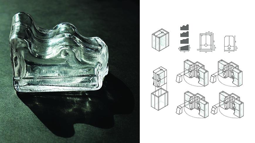 A glass architectural model is paired with drawings that describe its interior.