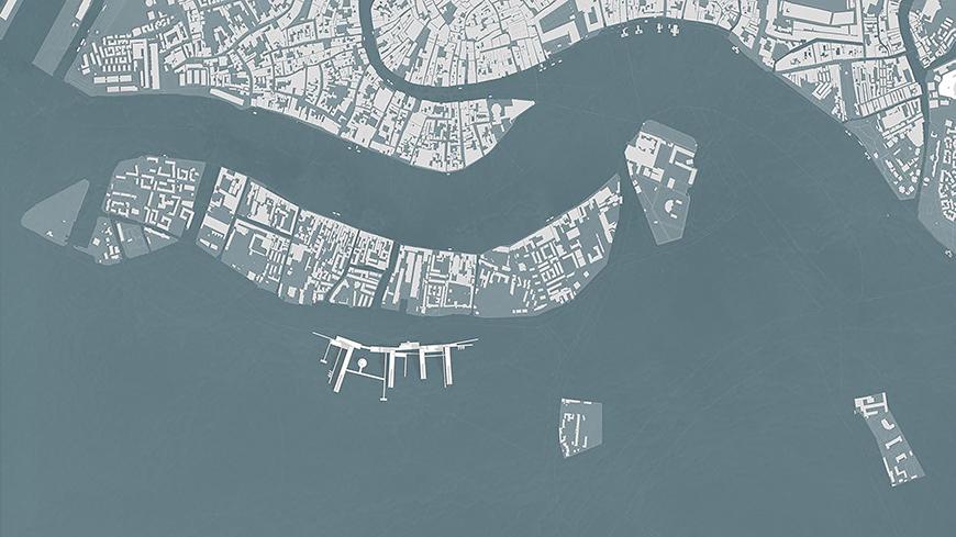An artistic map of Venice, Italy, in a blue and white color scheme.