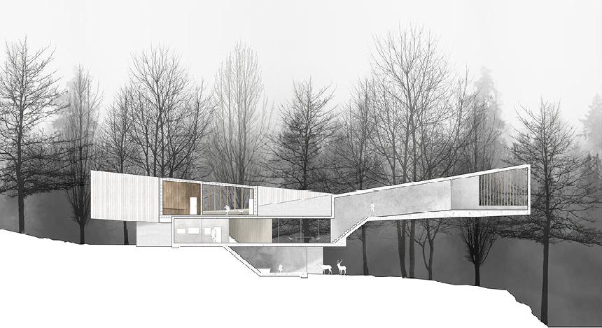 Section diagram of a long and angular building that has large rooms with windows.