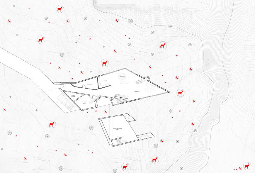 An overhead diagram of a building with red icons denoting nearby wildlife activity.