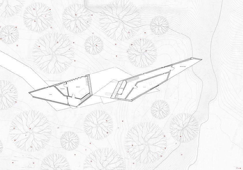 A diagram of a very angular building with trees surrounding it.