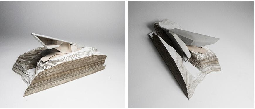 A very angular architectural model that is photographed from two perspectives.